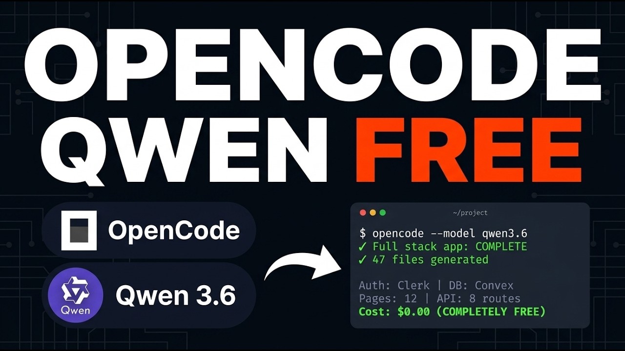 OpenCode + Qwen 3.6 PRO = Full App INSTANTLY (100% FREE) thumbnail