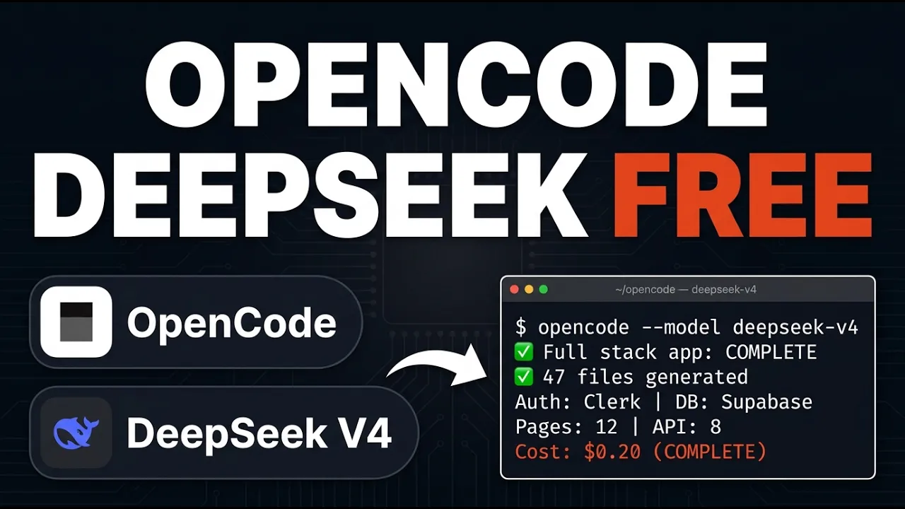 OpenCode + DeepSeek Flash V4 = Full App INSTANTLY (FREE*) thumbnail