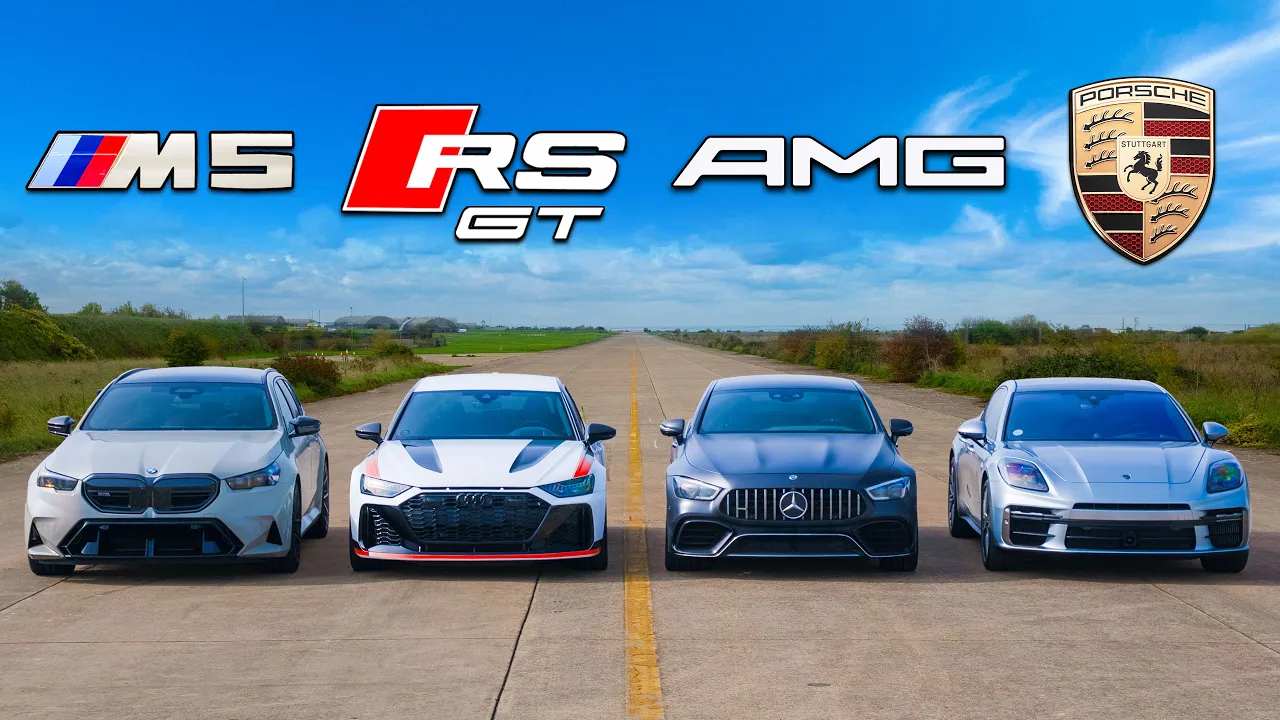 BMW M5 v Audi RS6 GT v Porsche Turbo S v AMG GT: DRAG RACE thumbnail
